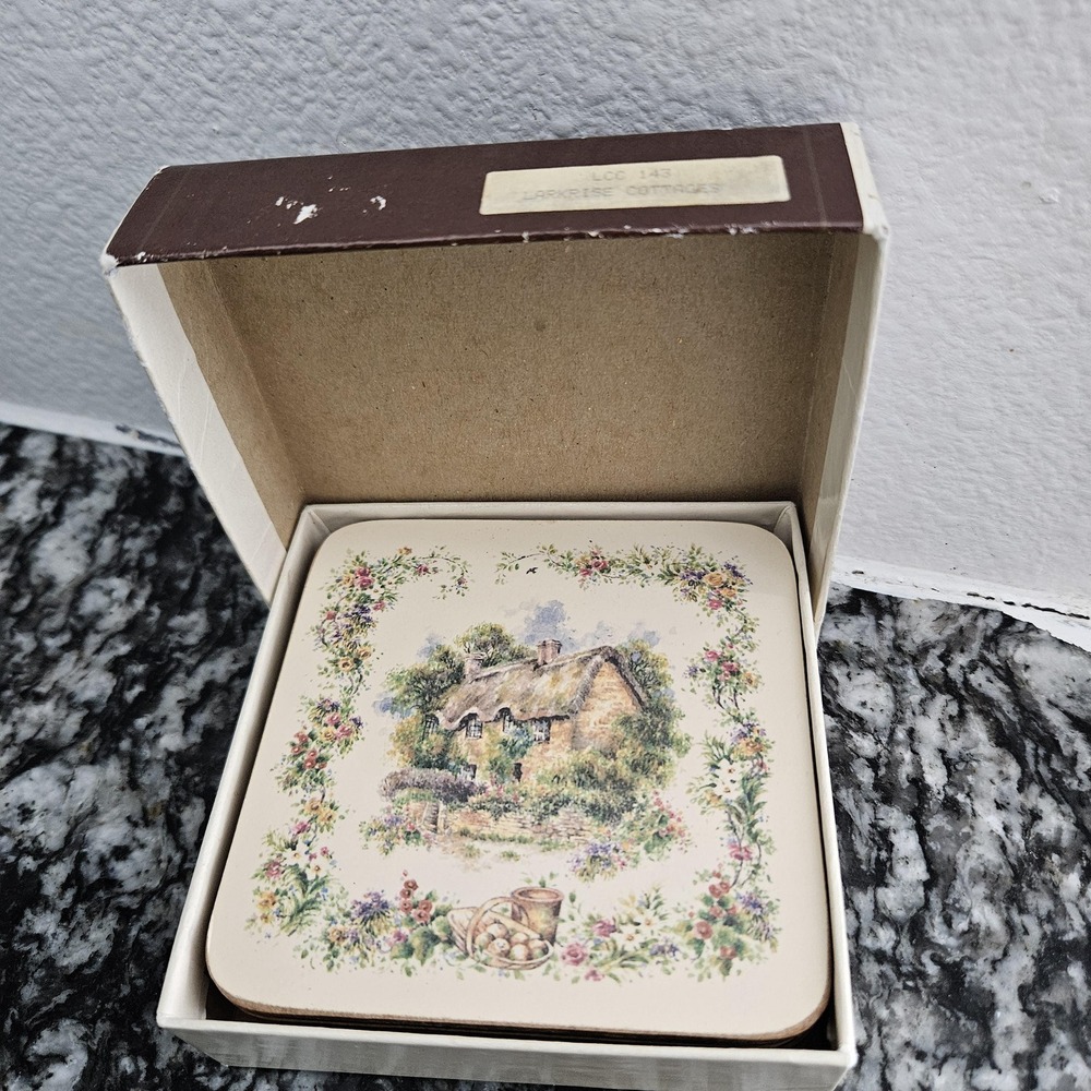Set‎ of 6 VINTAGE Clover Leaf Coasters Larkrise Cottages MADE in England W/box
